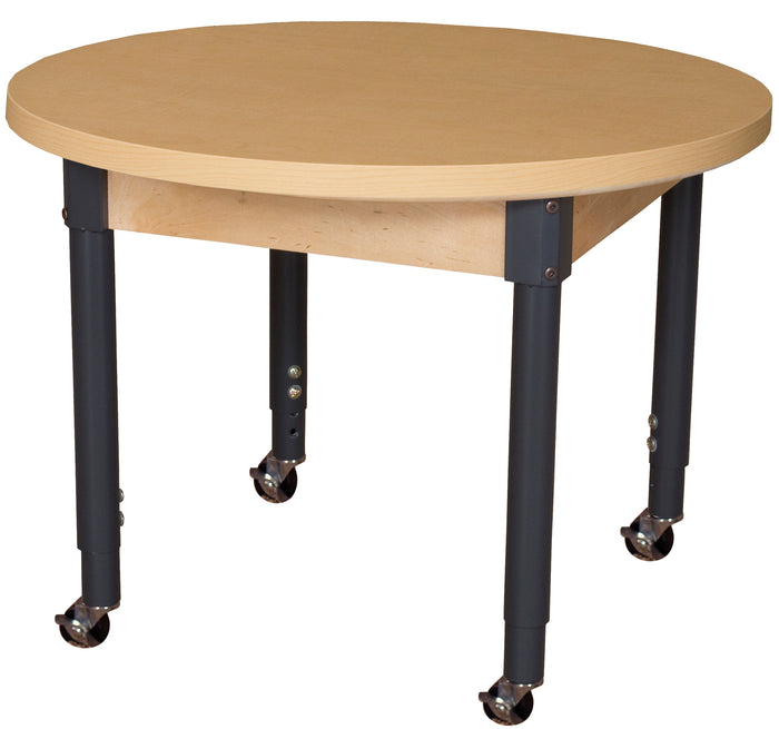 Mobile 36" Round High Pressure Laminate Table with Adjustable Legs 19-30"